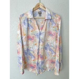 Chico's Women's Long Sleeve Pastel Watercolor Cotton Gauze Top Size 2/Large